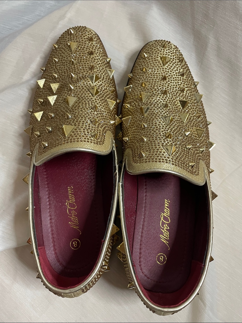 Metallic Gold Studded Slip-On Loafers by Metro Charm Men's Size 8
